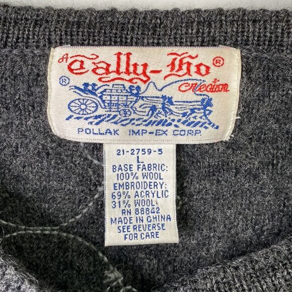 Vintage Tally Ho Embroidered Wool Button Front Cardigan Sweater Long Sleeve Warm - Picture 5 of 15
